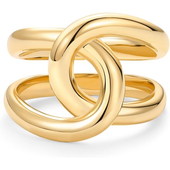 Women 14K Gold Plated Chunky Interlock Statement Thick Link Stackable Ring - Picture 3 of 5